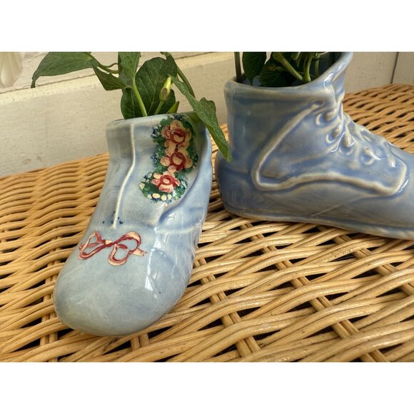 Vintage 50's Blue Shoe Pair Planter Vases Hand Painted Roses - Picture 7 of 13